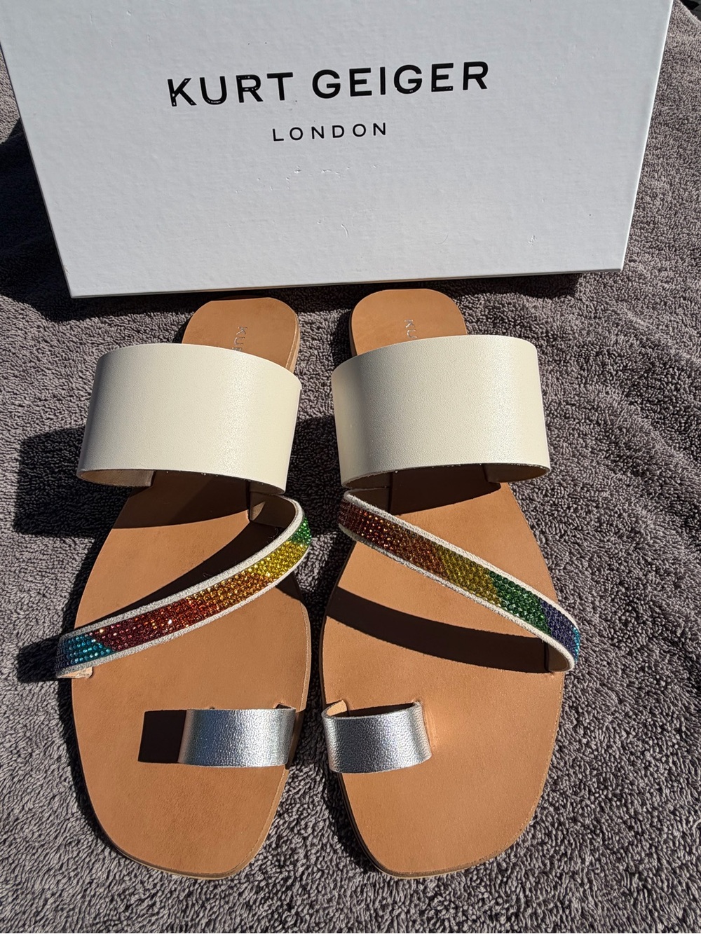 Kurt Geiger Leather Slip-On Sandals with Rainbow Crystal Straps Women’s 8.5 - Picture 3 of 14